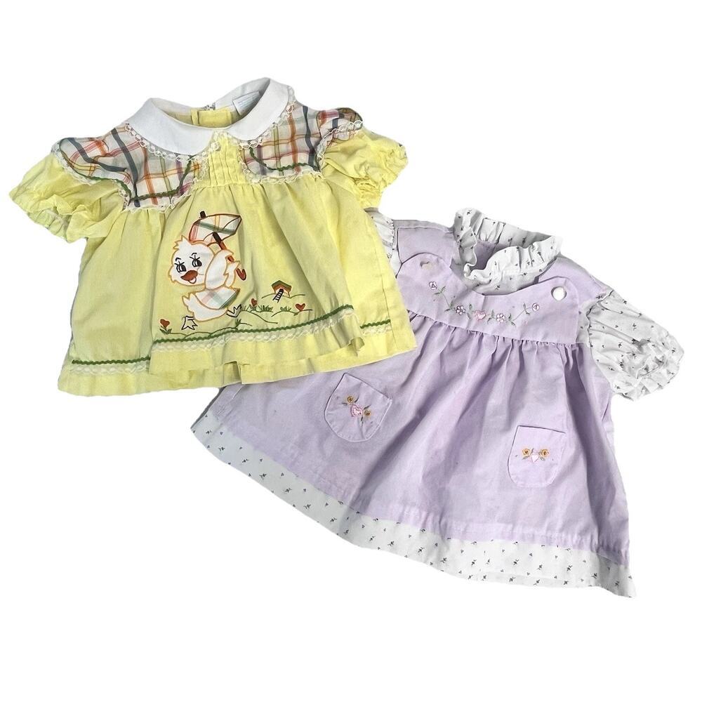Vintage Set of 2 Cradle Togs Dress sz 9-12 Months Yellow Duck Purple Embroidery